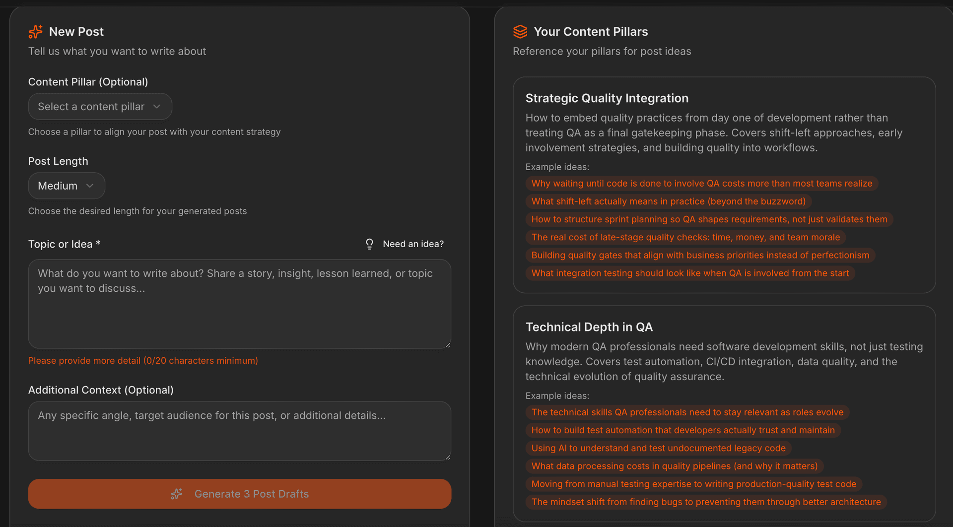 Post generation form with content pillars and topic ideas