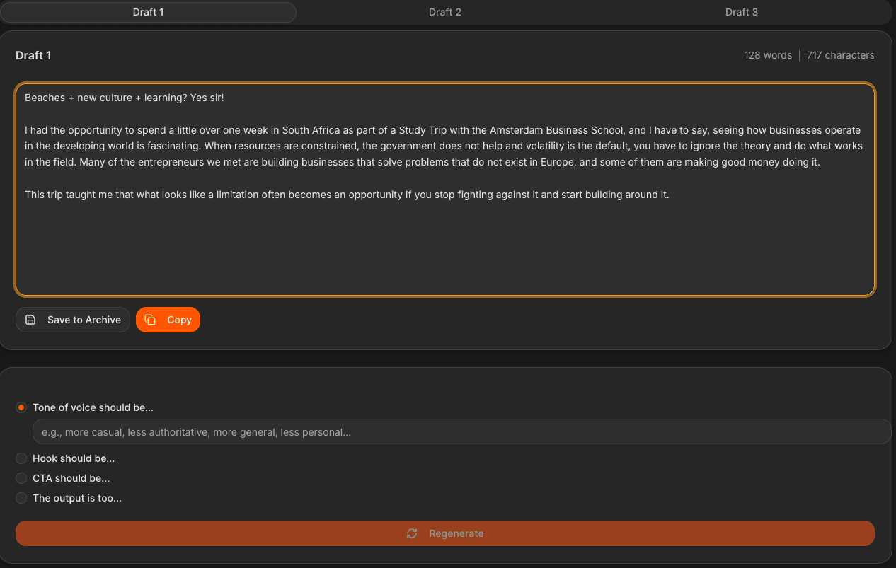 Generated LinkedIn post draft with tone and style controls